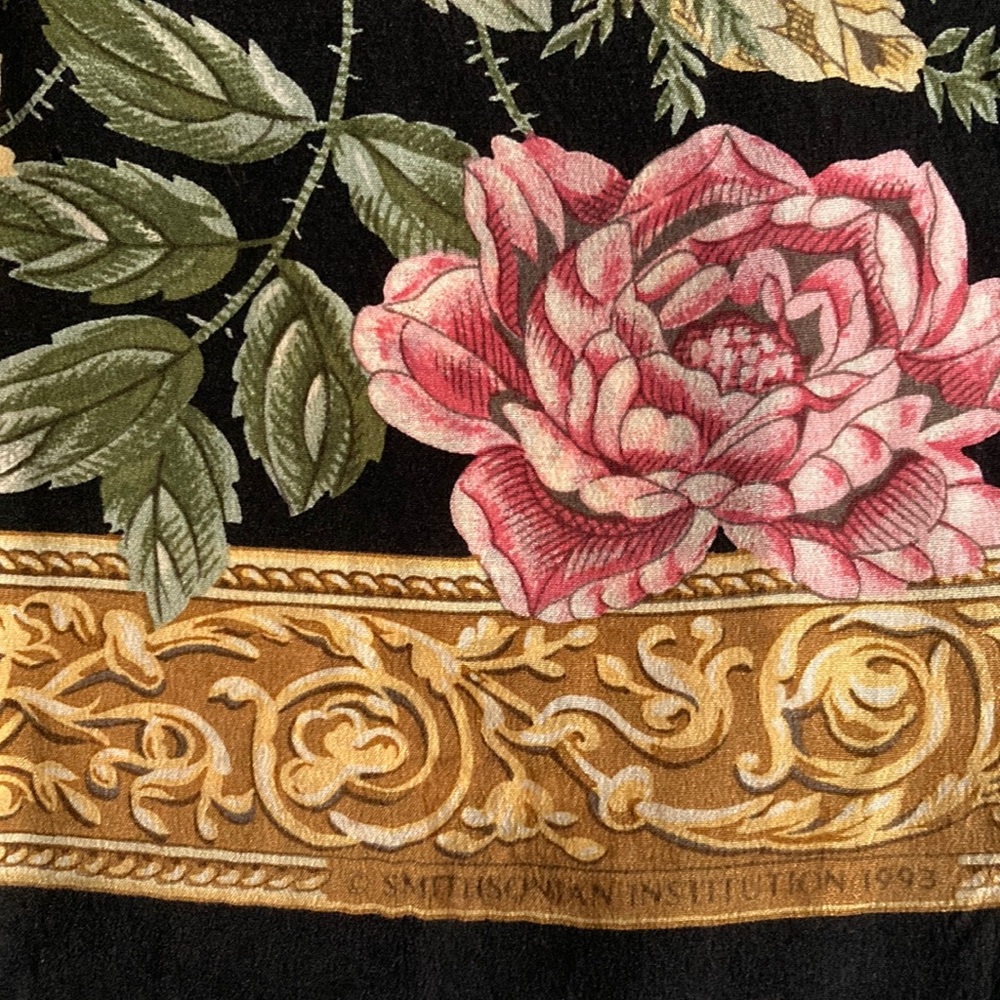 Vintage Floral Black and Gold Silk Scarf